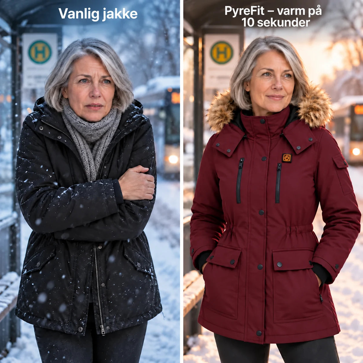 Oppvarmet vinterkåpe til dame PyreFit Apexor i bordeaux, sammenlignet med en vanlig vinterjakke