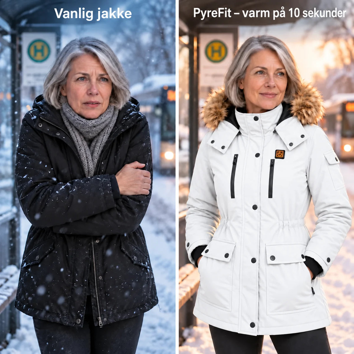 Oppvarmet vinterkåpe til dame PyreFit Apexor i hvit, sammenlignet med en vanlig vinterjakke