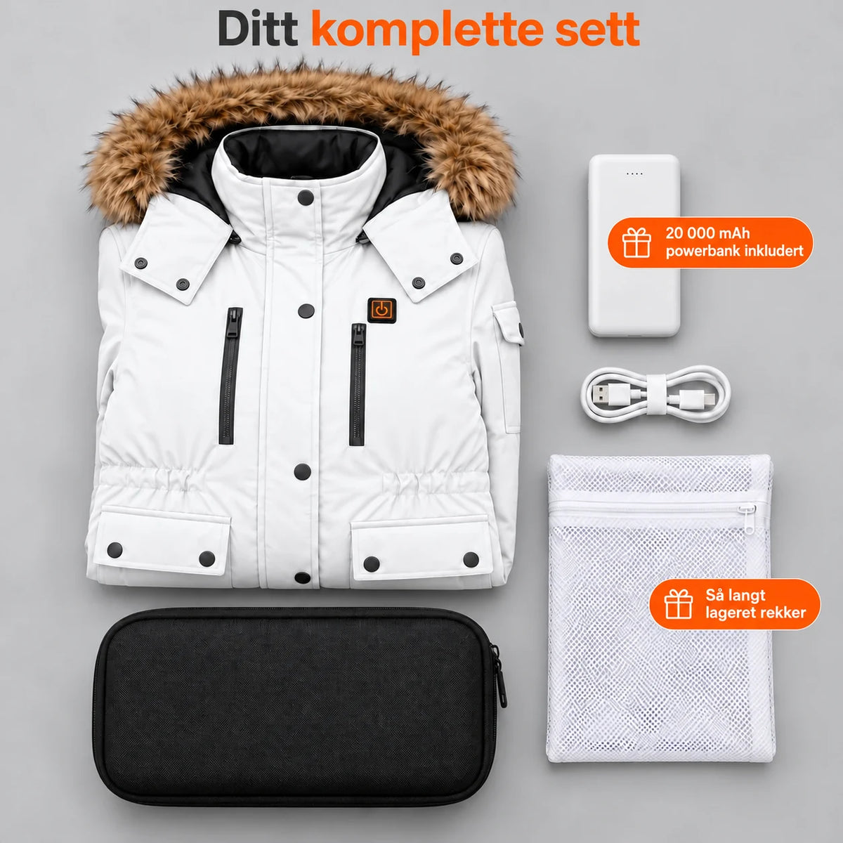 Oppvarmet vinterkåpe til dame PyreFit Apexor i hvit, komplett sett