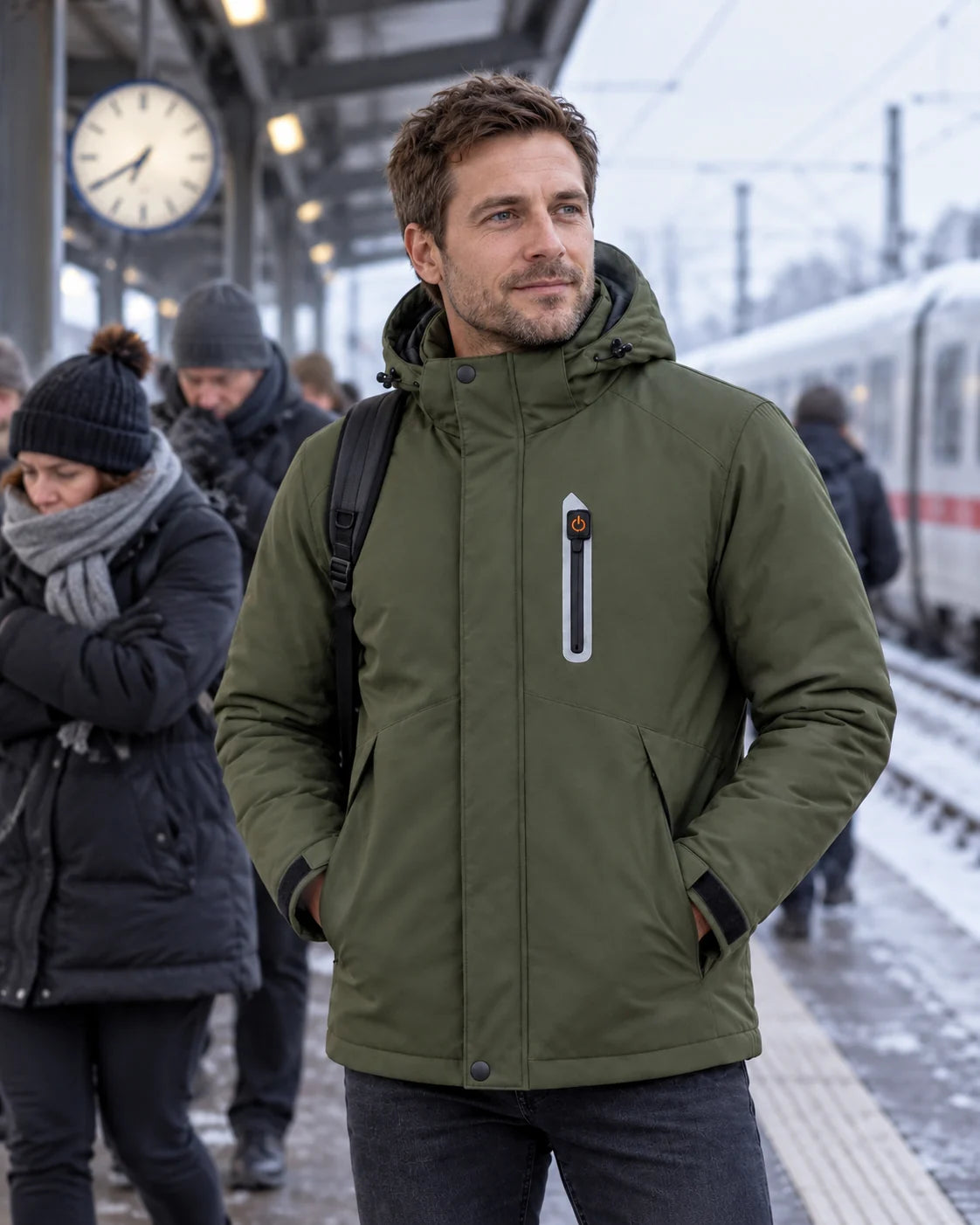 Oppvarmet parkas herre PyreFit Calvero en vinterdag: på perrongen