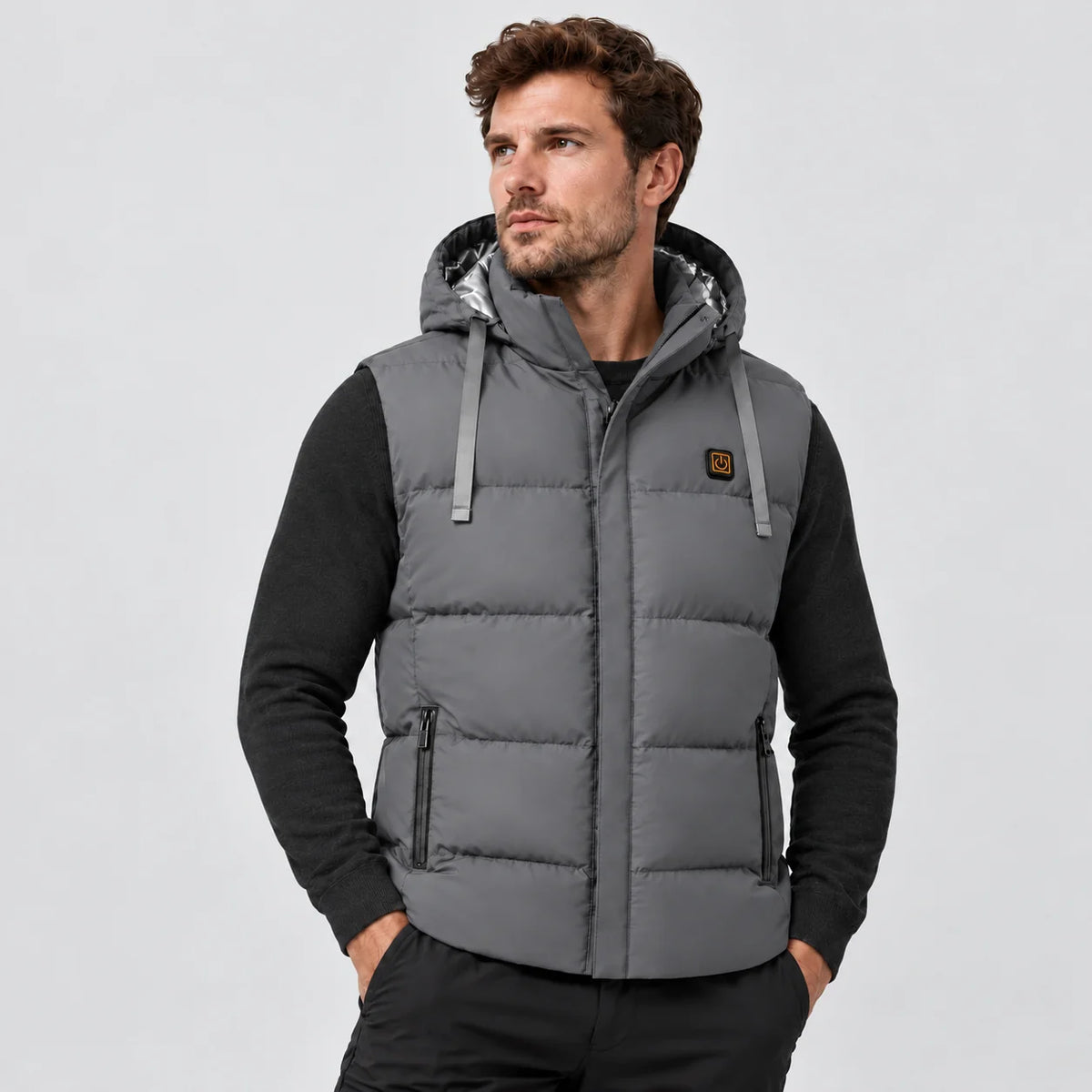 Varmevest unisex med hette PyreFit Horizonor i grått, forfra