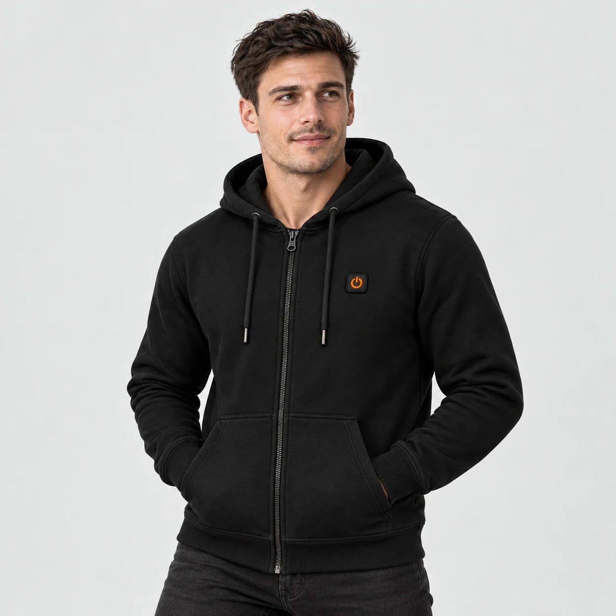 Oppvarmet hettejakke unisex PyreFit Olivora, på modell, forfra
