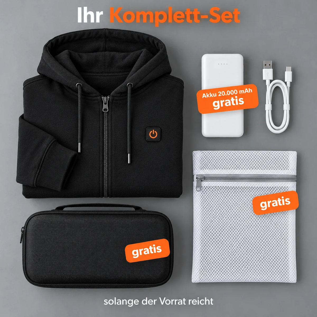 Komplett sett: Olivora, powerbank 20 000 mAh, ladekabel, vaskepose og veske