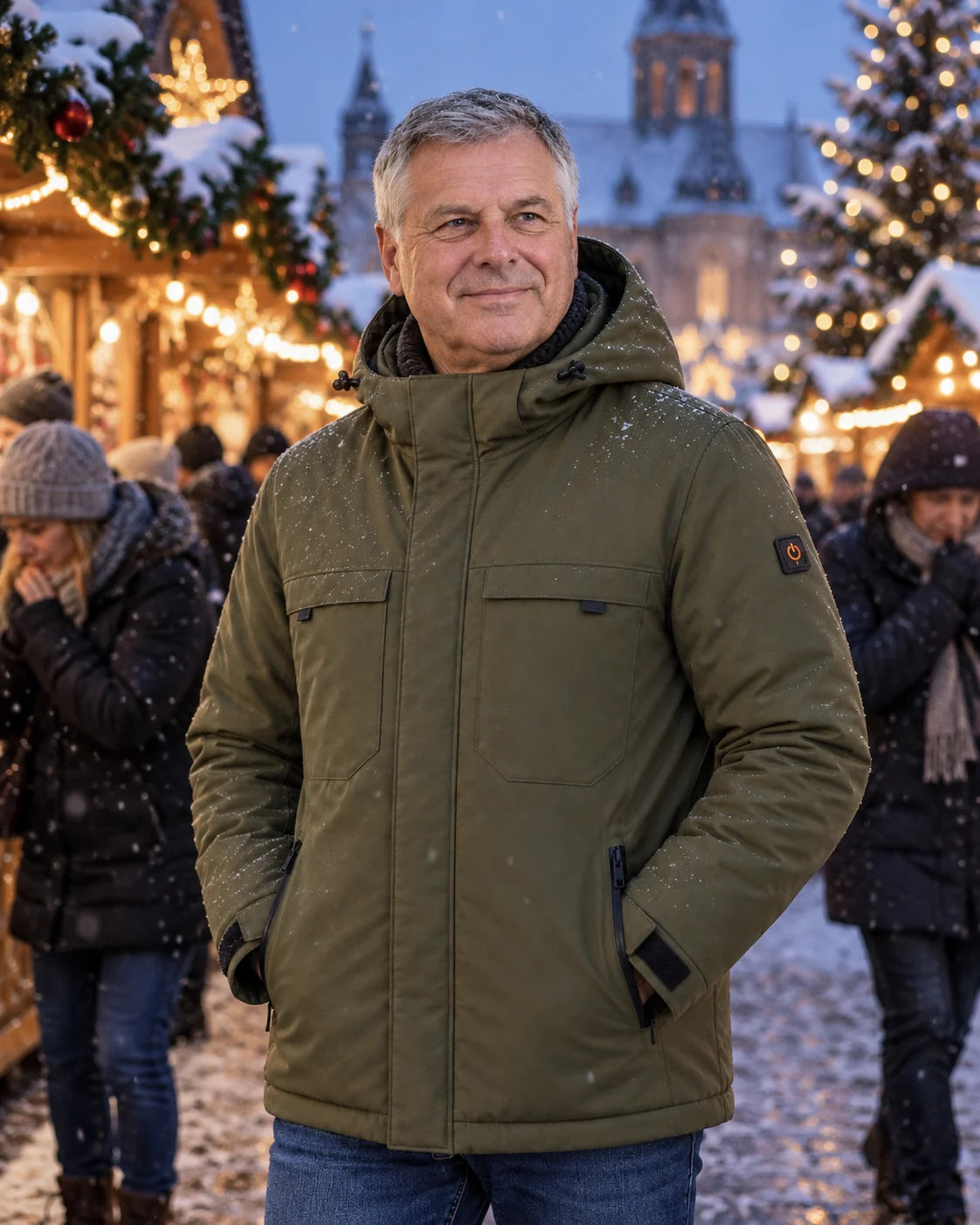 Oppvarmet parkas herre PyreFit Regaro en vinterdag: på julemarkedet