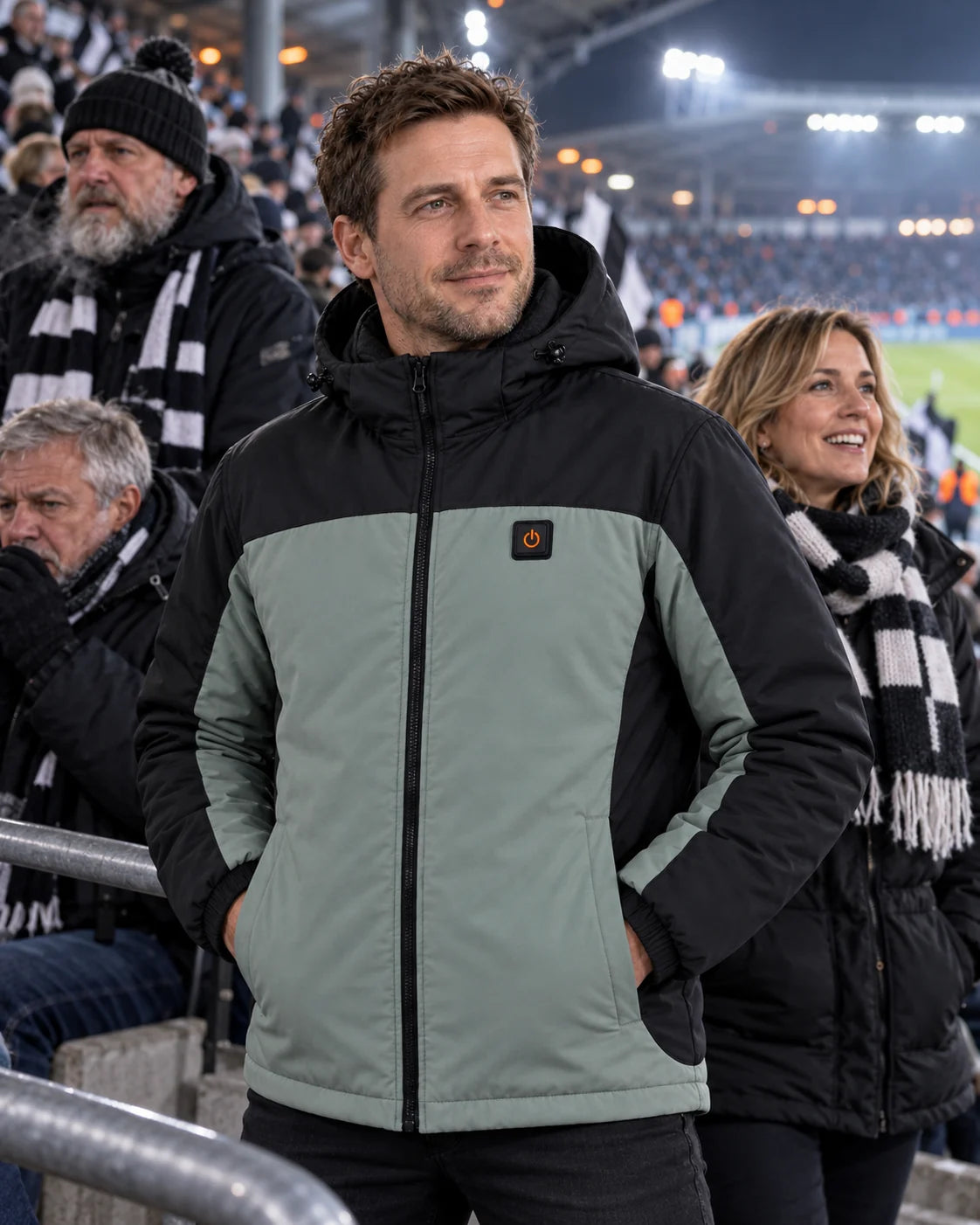 Oppvarmet parkas unisex PyreFit Schiefer en vinterdag: på stadion