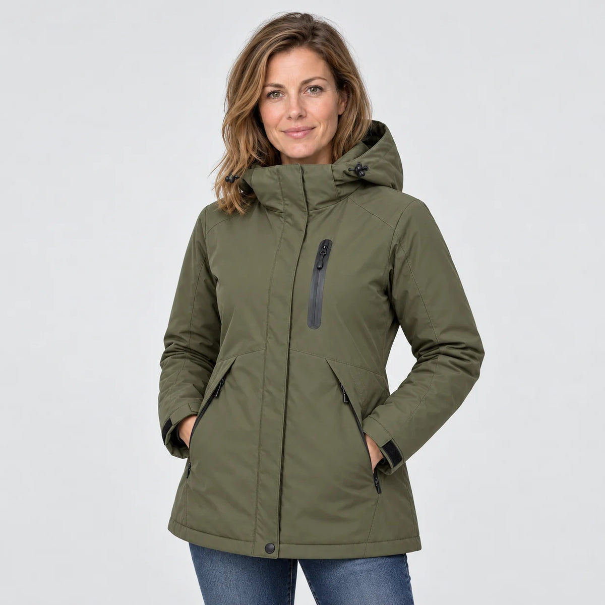 Oppvarmet parkas dame PyreFit Traverso i kaki, forfra