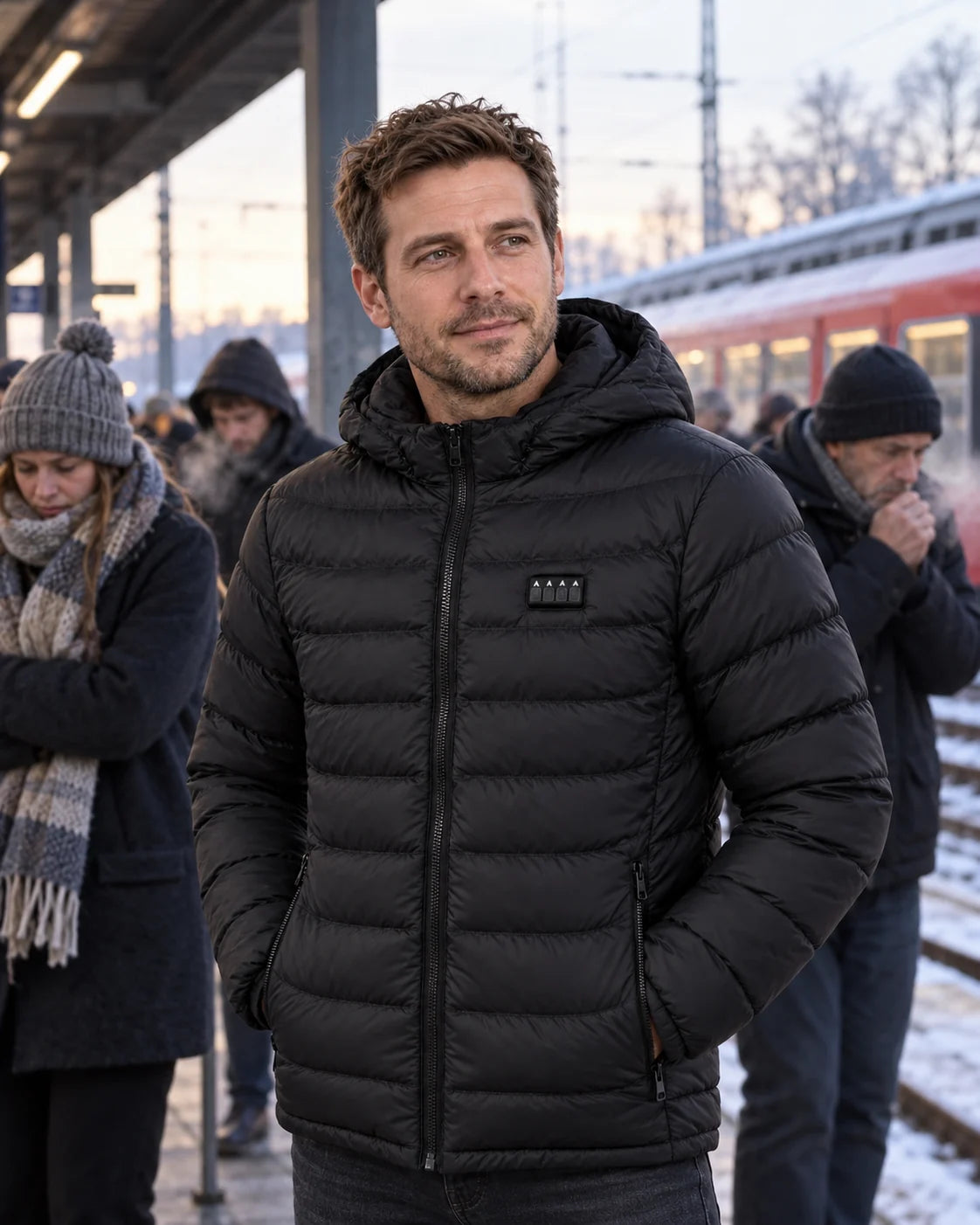 Varmejakke mens man venter på perrongen