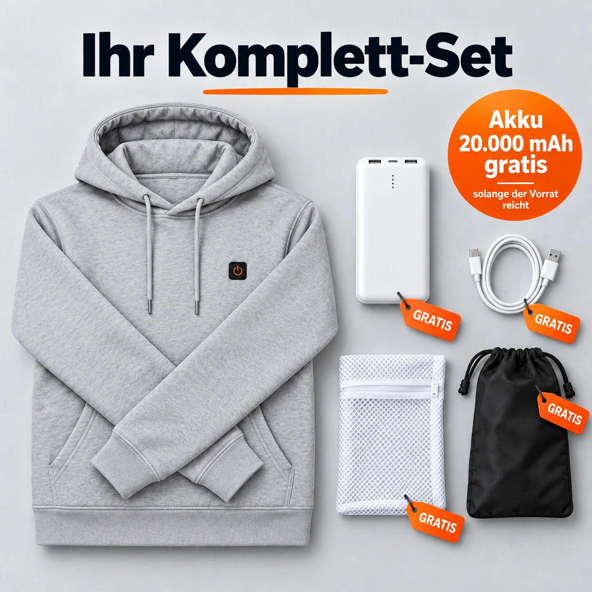 Komplett sett: Velocor, powerbank 20 000 mAh, ladekabel, vaskepose og veske