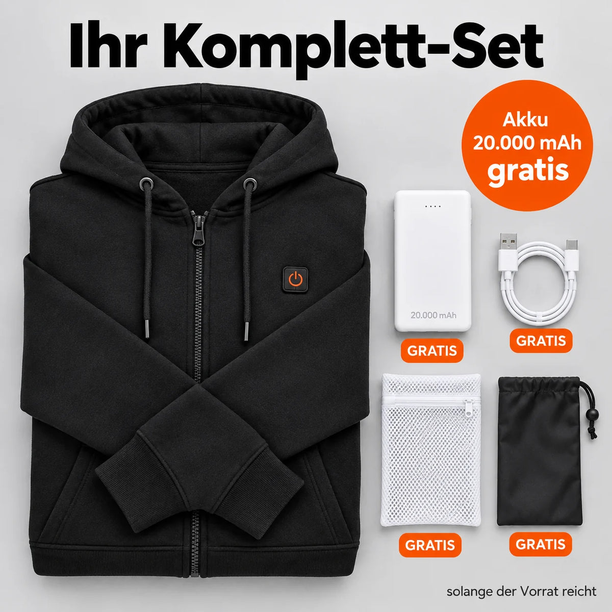 Komplett sett: Voltor, powerbank 20 000 mAh, ladekabel, vaskepose og veske