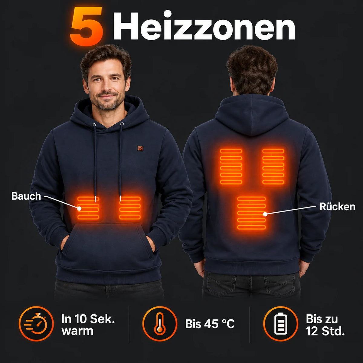 Oppvarmet hettegenser herre PyreFit Zippa: 5 varmesoner på mage og rygg