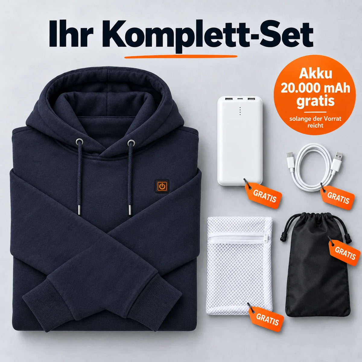 Komplett sett: Zippa, powerbank 20 000 mAh, ladekabel, vaskepose og veske