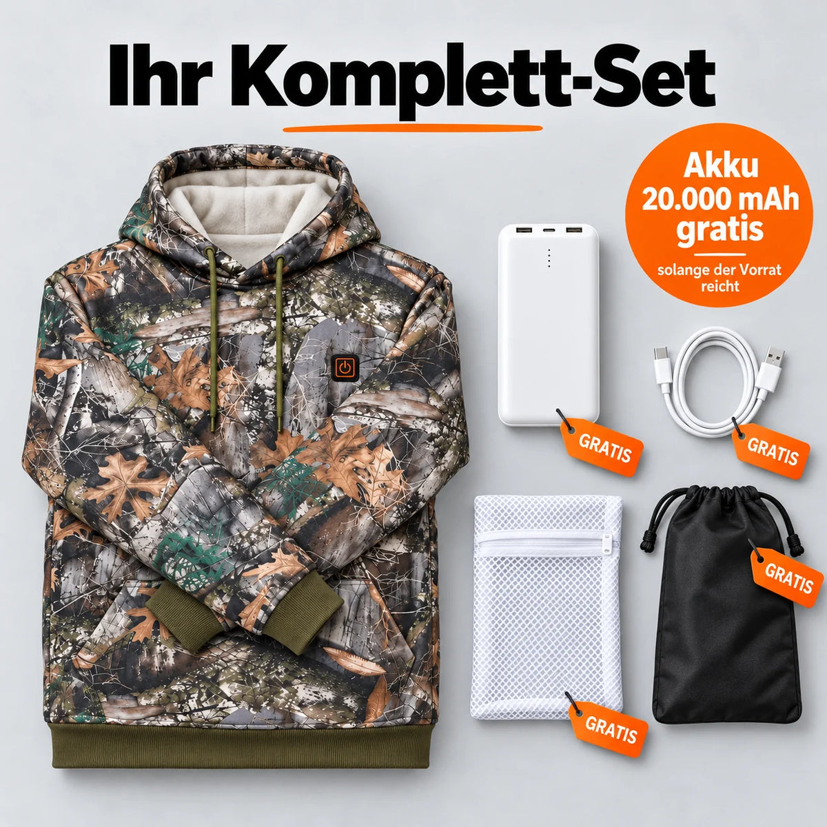 Komplett sett: Zippo, powerbank 20 000 mAh, ladekabel, vaskepose og veske