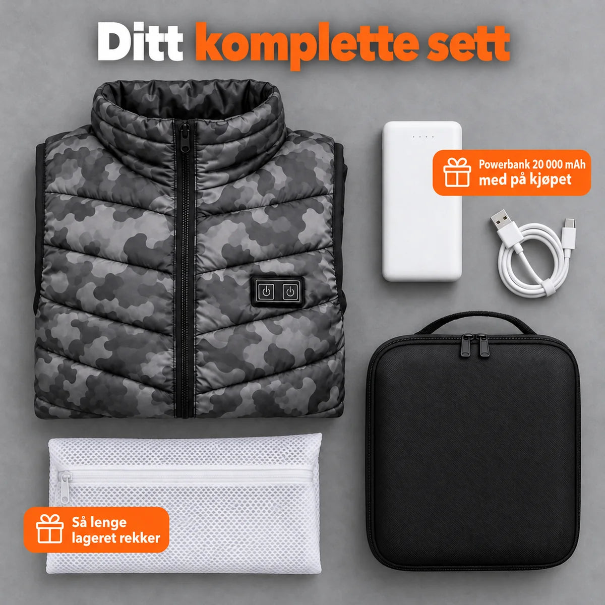 Komplett sett: Piloto, powerbank 20 000 mAh, ladekabel, vaskepose og veske