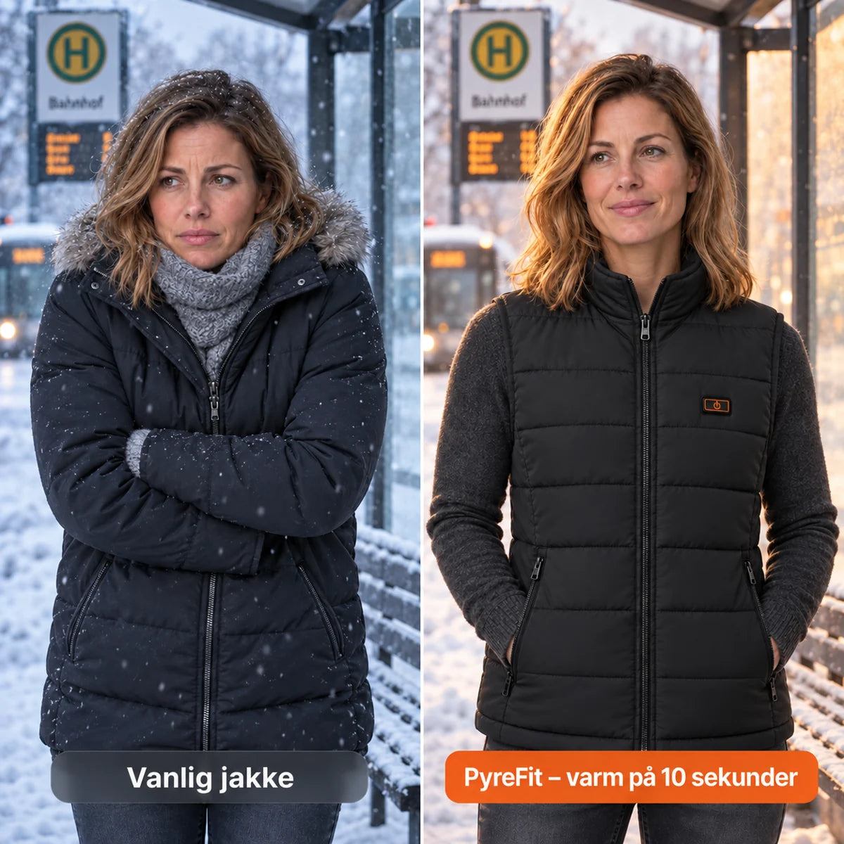 Sammenligning: vanlig vinterjakke og Pivotan med varme