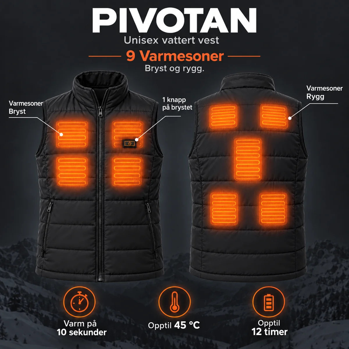 Vattert varmevest unisex PyreFit Pivotan: 9 varmesoner på bryst og rygg