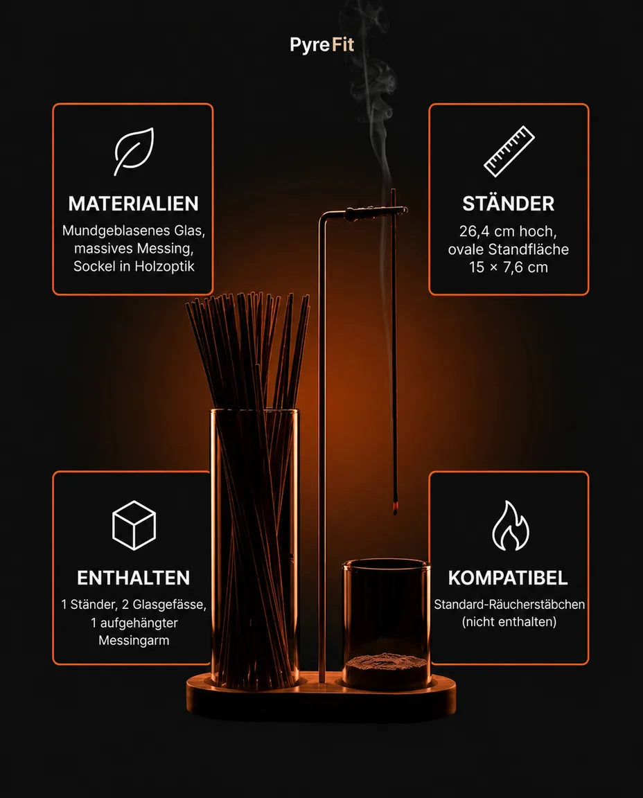 Røkelsesholder i messing og tre – glassbollen fanger opp asken – produktbilde 8