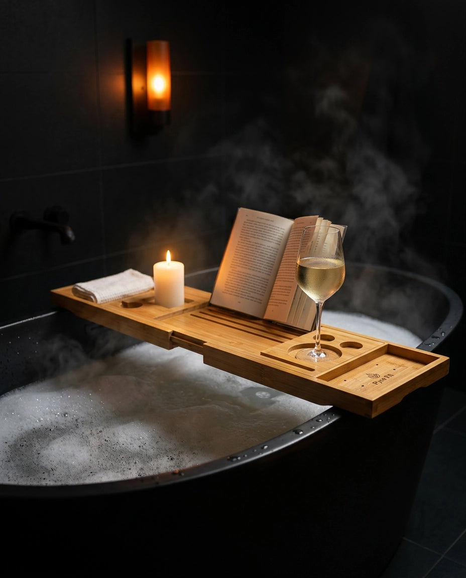 Badekarbrett i bambus – uttrekkbart med plass til bok, nettbrett, glass og lys – produktbilde 2