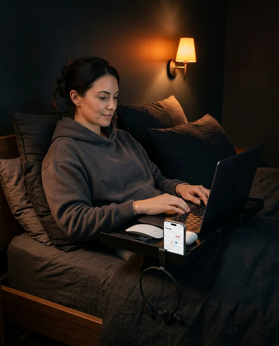 Sengebrett til å klemme fast – plassbesparende hylle for laptop, mobil og drikke – produktbilde 3