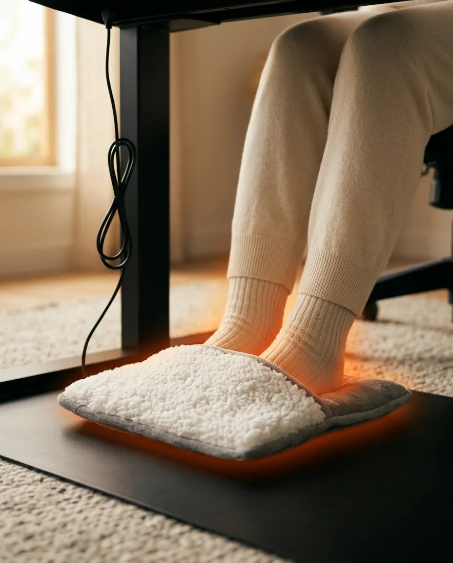 Føtter i USB-fotvarmeren under et bord