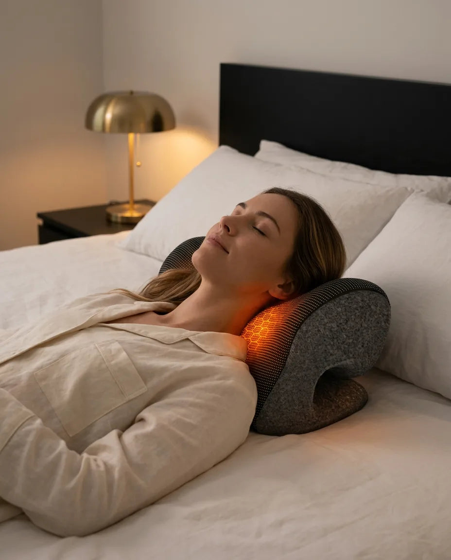 Formet nakkepute med varme – person med puten liggende