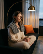Nakke- og skuldervarmer – kvinne med grå varmer i lenestolen