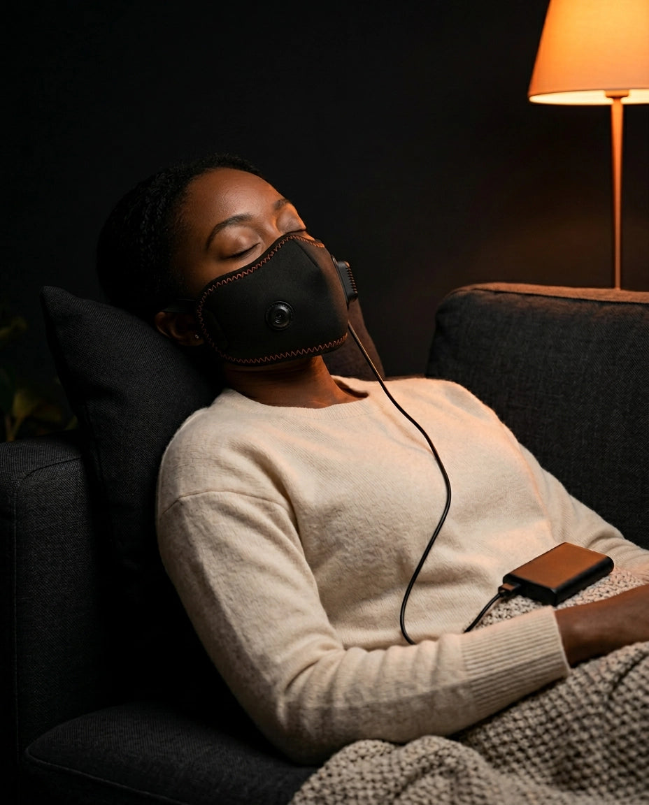 Ansiktsmaske – varme eller massasje – kvinne med maske i lenestolen