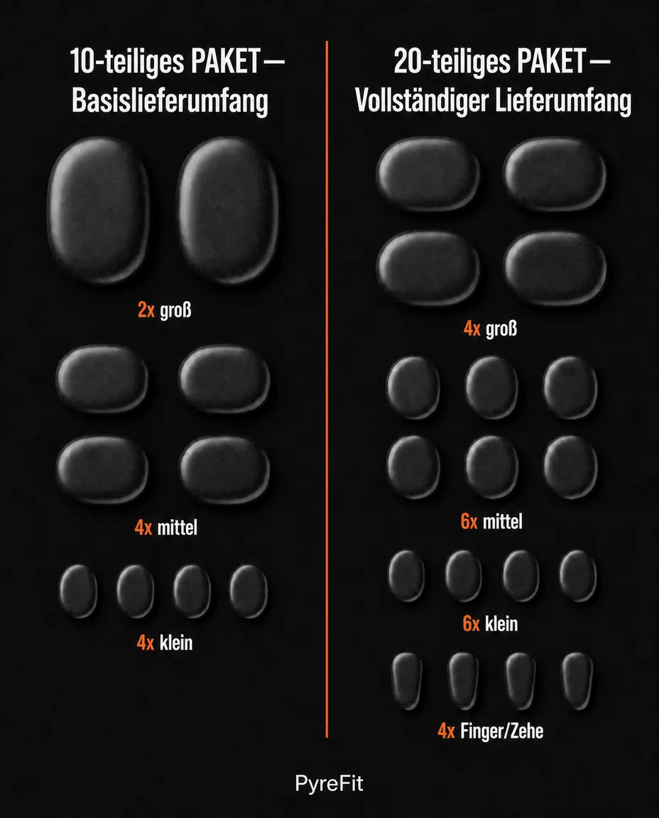 Hot stone-sett – 10 eller 20 steiner – sammenligning av settene med 10 og 20 steiner
