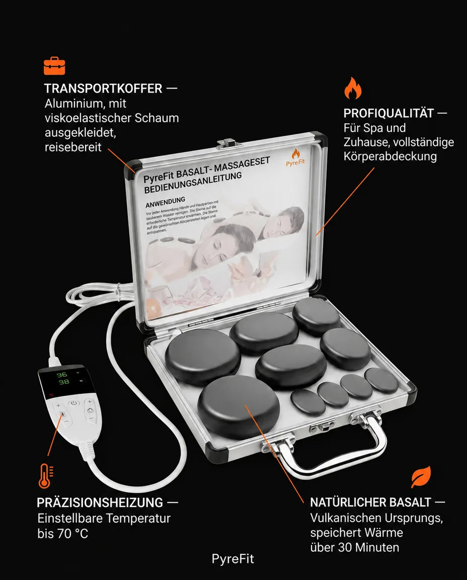 Hot stone-sett – 10 eller 20 steiner – infografikk om oppbygning og funksjoner