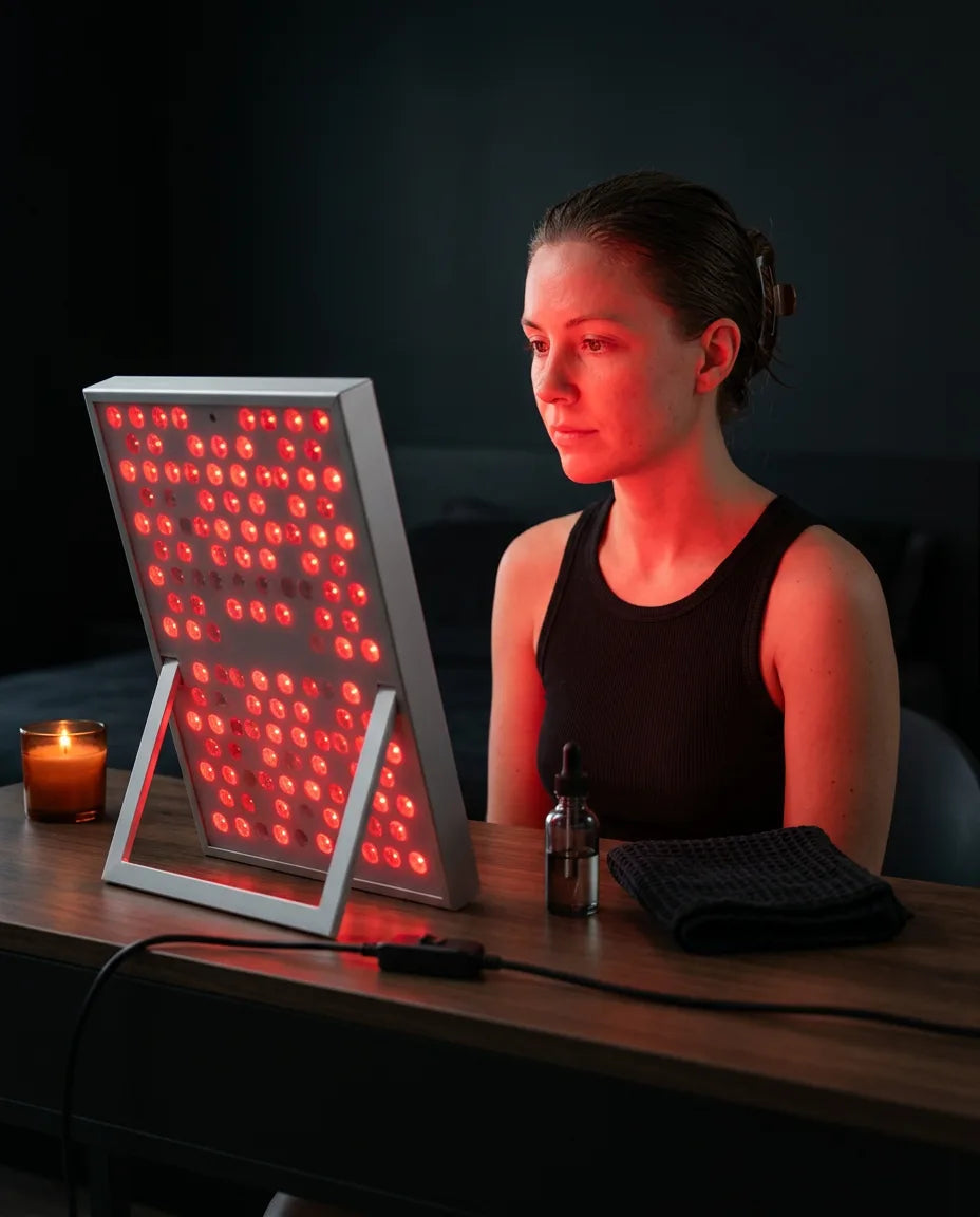 LED-panel med rødt lys – mann foran panelet ved bordet