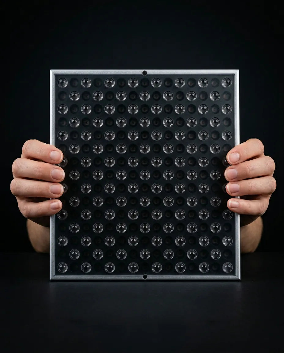 LED-panel med rødt lys – panelet forfra i to hender