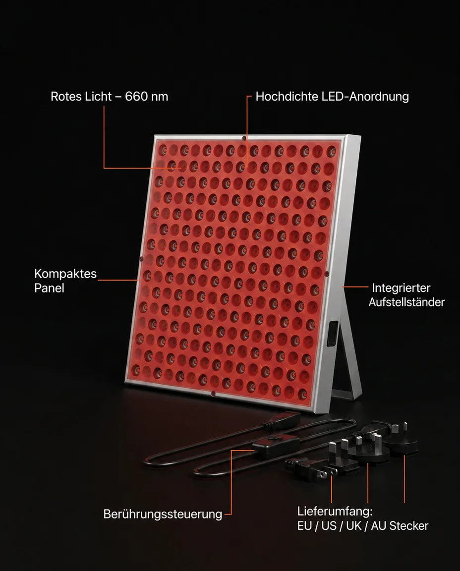 LED-panel med rødt lys – infografikk om oppbygningen av panelet