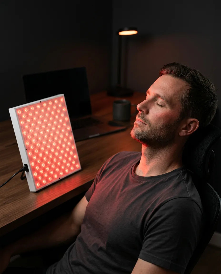 LED-panel med rødt lys – mann foran det lysende panelet