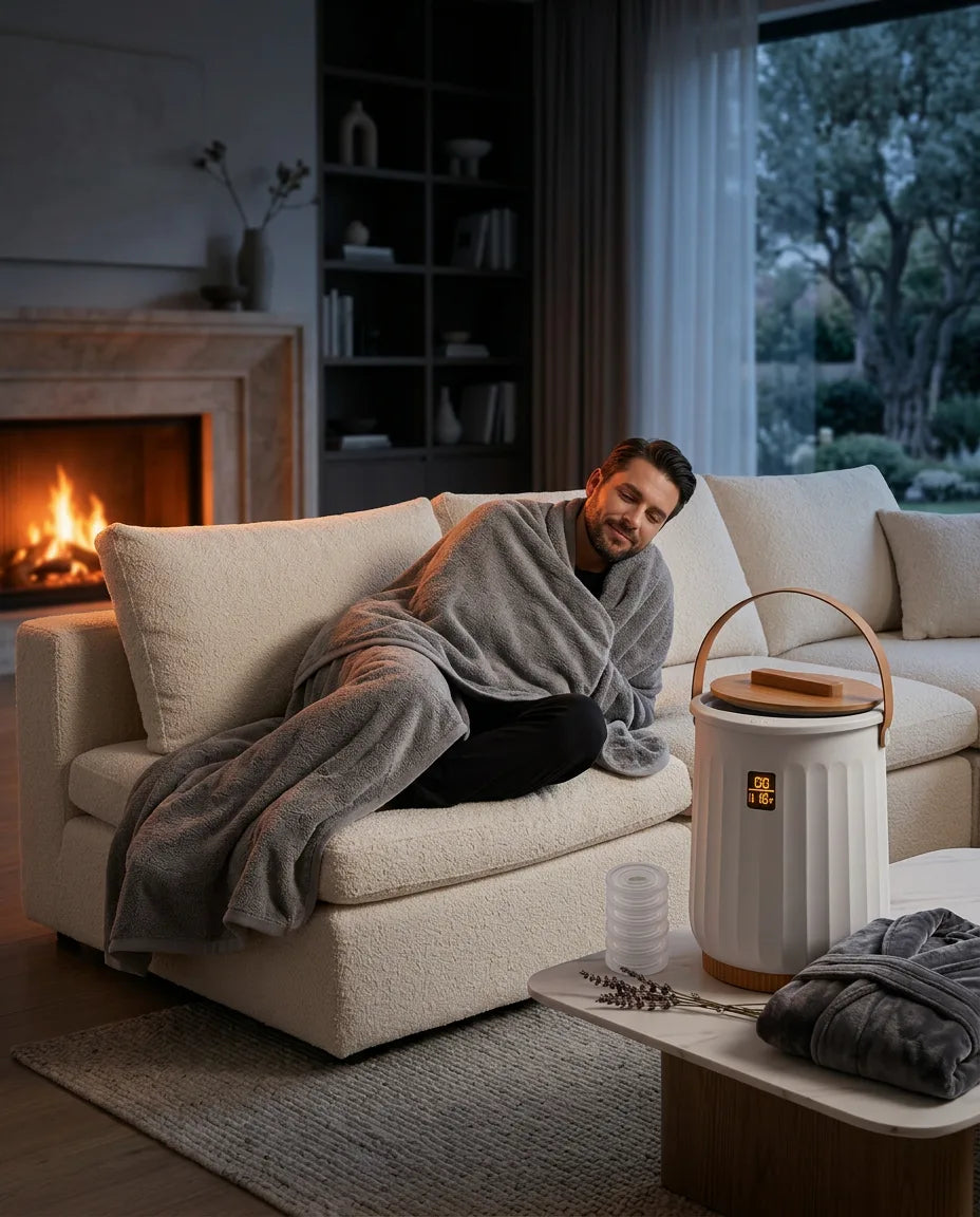 Håndklevarmer med lokk – person ved siden av varmeren i sofaen