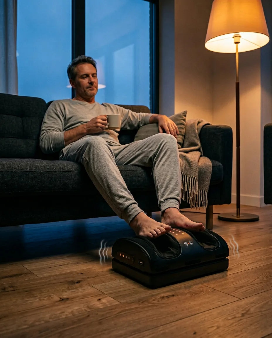 Mann med fotvarmeren i memoryskum fra PyreFit foran sofaen