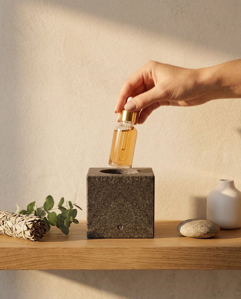 Oppbevaring for eteriske oljer i granitt – skulpturell holder for badstue og spa – produktbilde 3