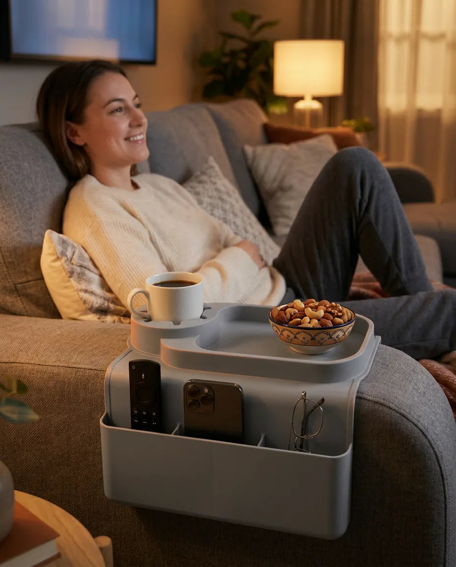 Sofaarmlen-organizer – med koppholder og rom til fjernkontrollen – produktbilde 2