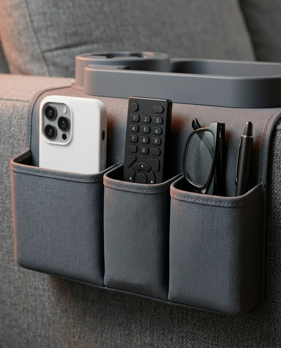 Sofaarmlen-organizer – med koppholder og rom til fjernkontrollen – produktbilde 5