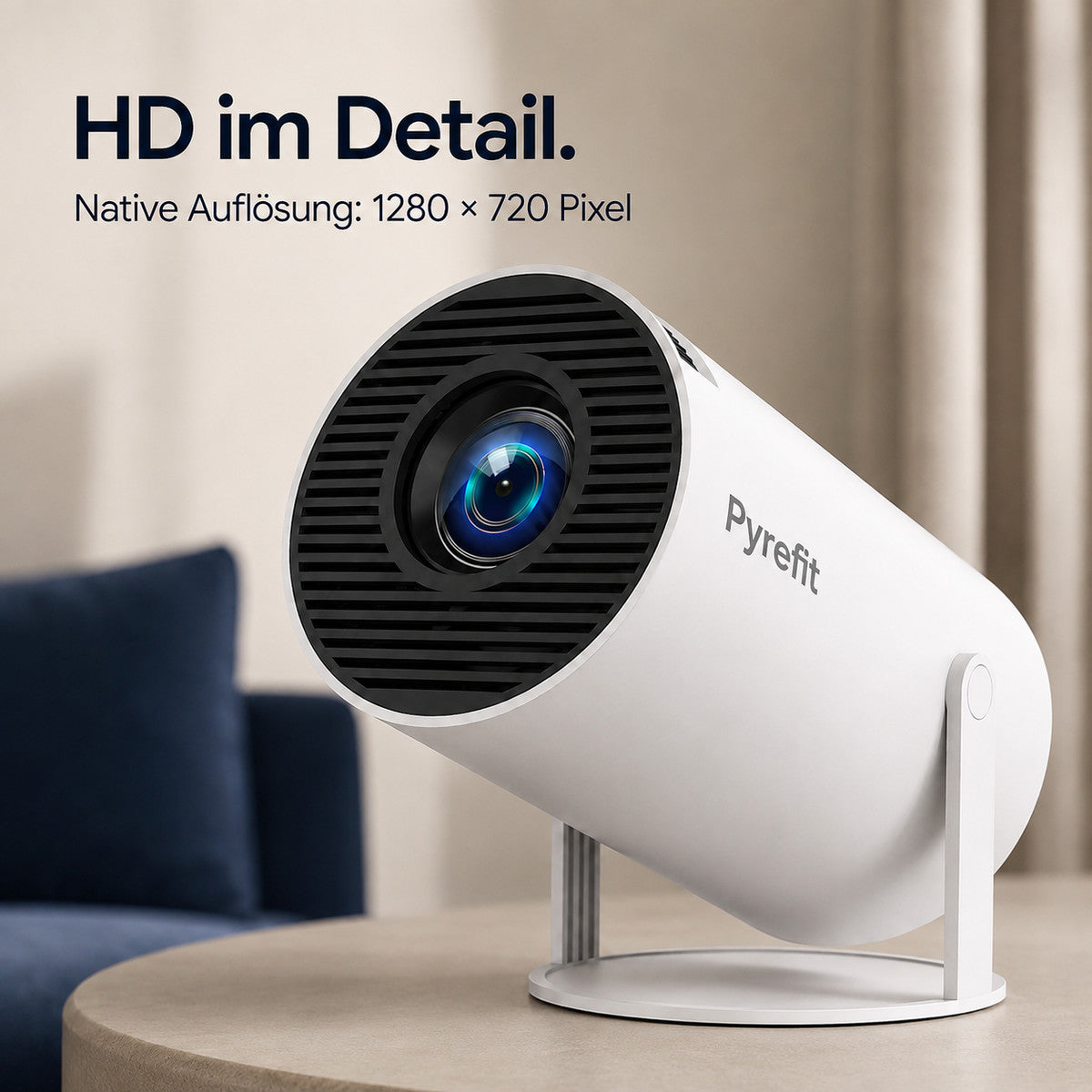 PyreFit miniprojektor – HD i detalj. Native oppløsning: 1280 × 720 piksler