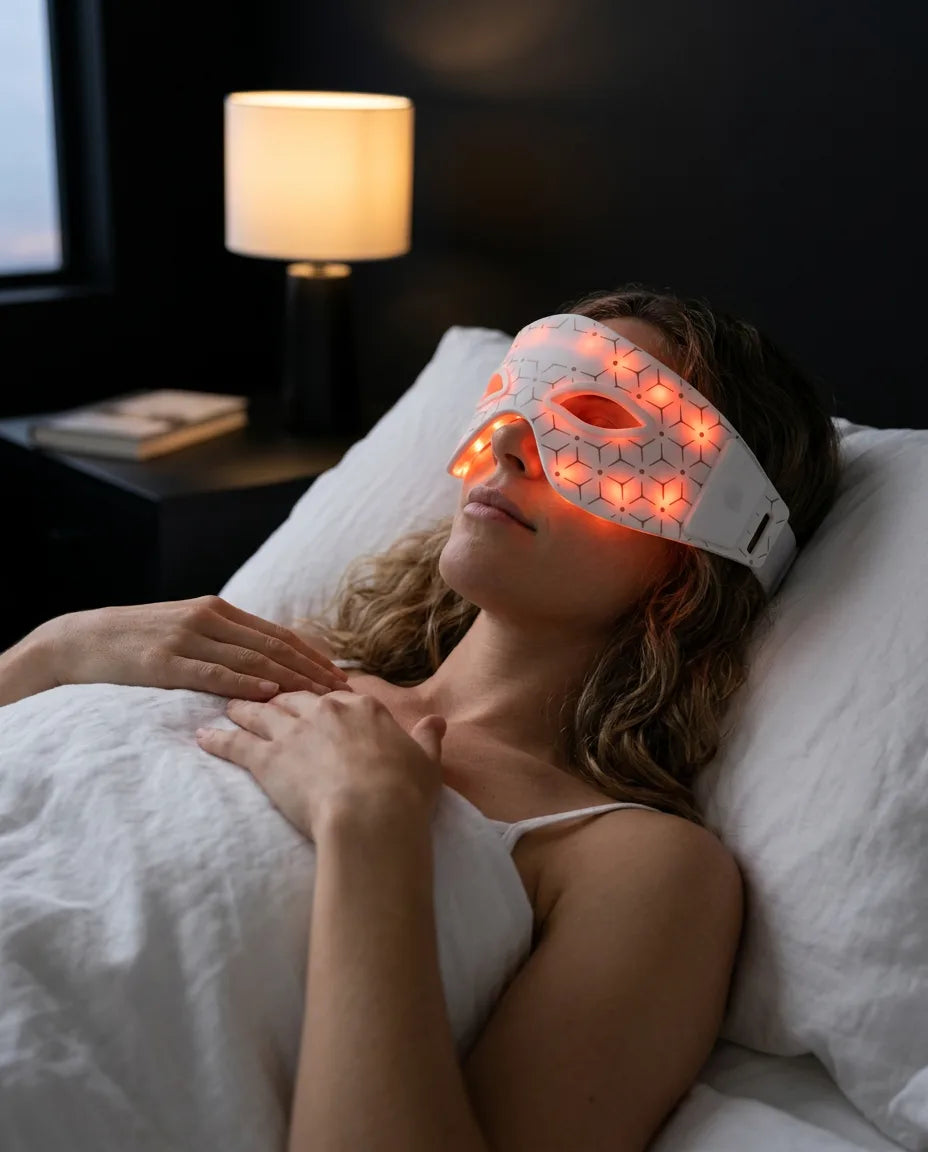 LED-øyemaske med rødt lys – kvinne med maske i sofaen