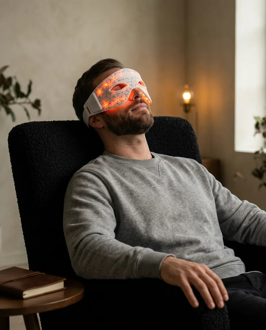 LED-øyemaske med rødt lys – mann med maske i lenestolen