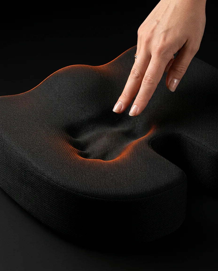 Ortopedisk sittepute i memoryskum – utsparing for halebeinet ved lang sitting – produktbilde 5