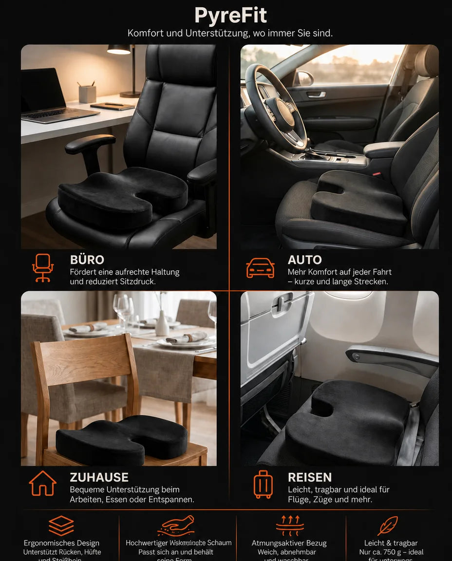 Ortopedisk sittepute i memoryskum – utsparing for halebeinet ved lang sitting – produktbilde 10