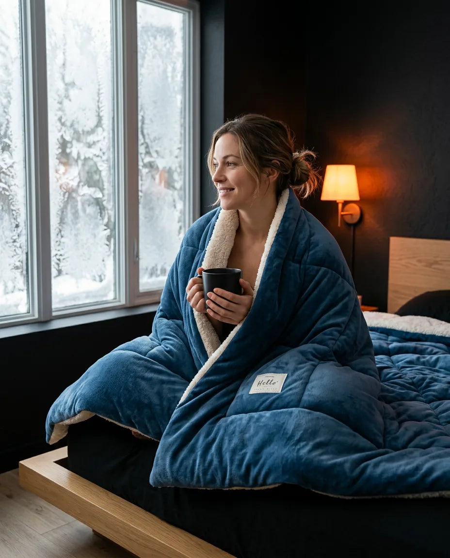 Vendbart kosepledd i fleece – kvinne under det blå pleddet i sofaen