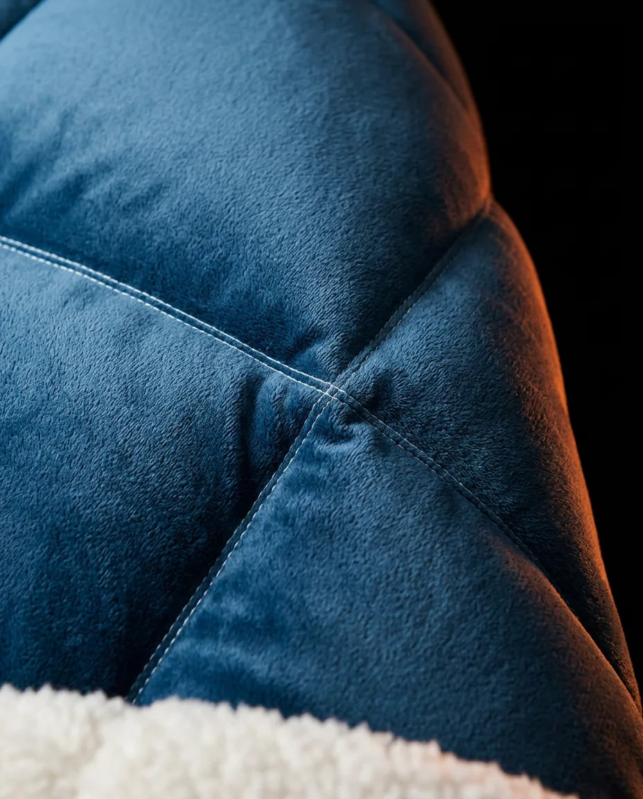 Vendbart kosepledd i fleece – nærbilde av det blå ytterstoffet