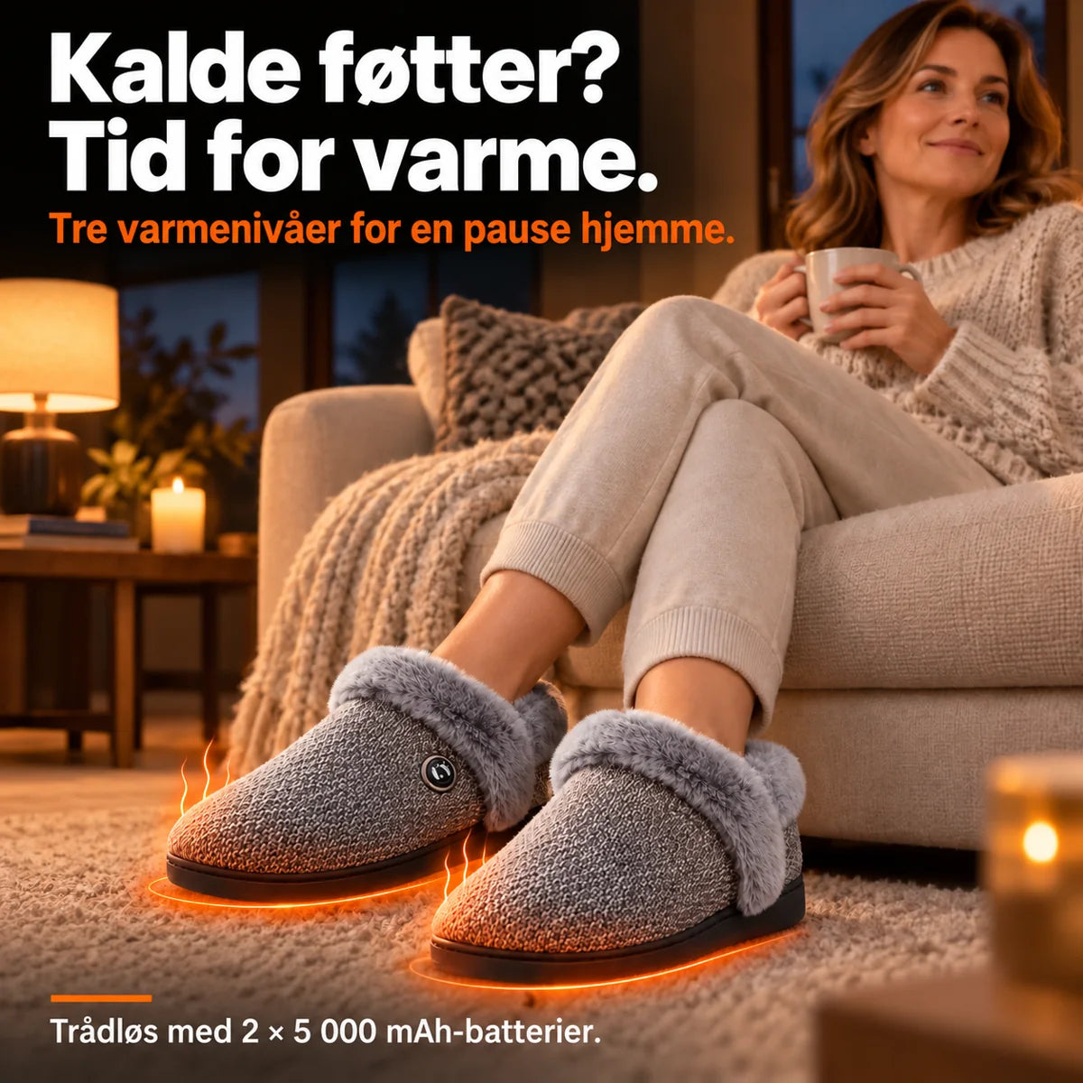 Kvinne slapper av i lenestolen med grå oppvarmede tøfler