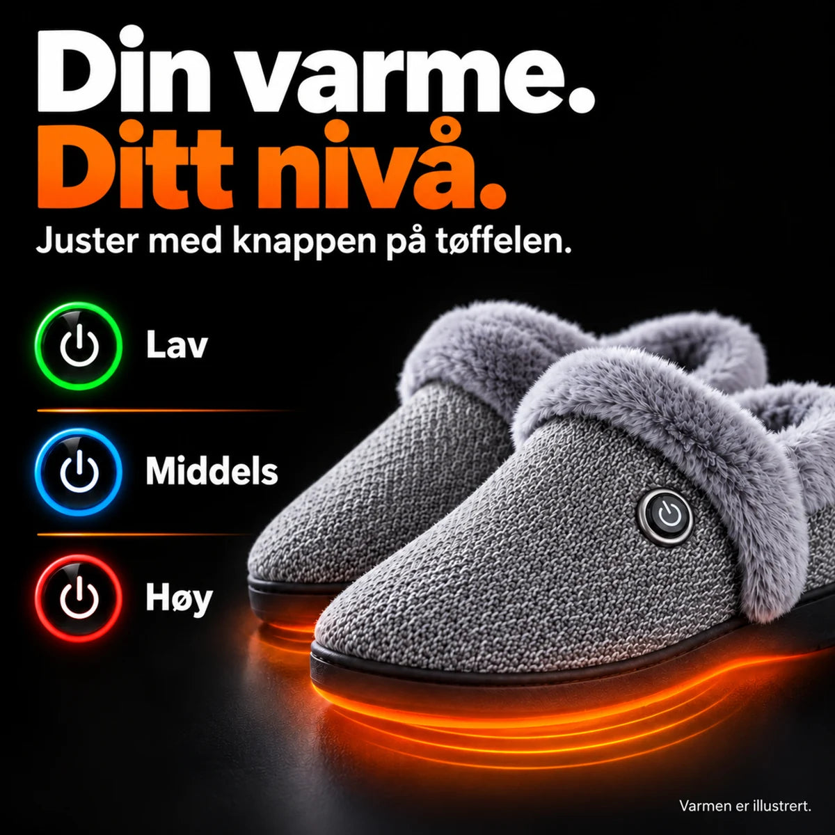 Grafikk over de tre varmenivåene på de oppvarmede tøflene, justeres med et knappetrykk
