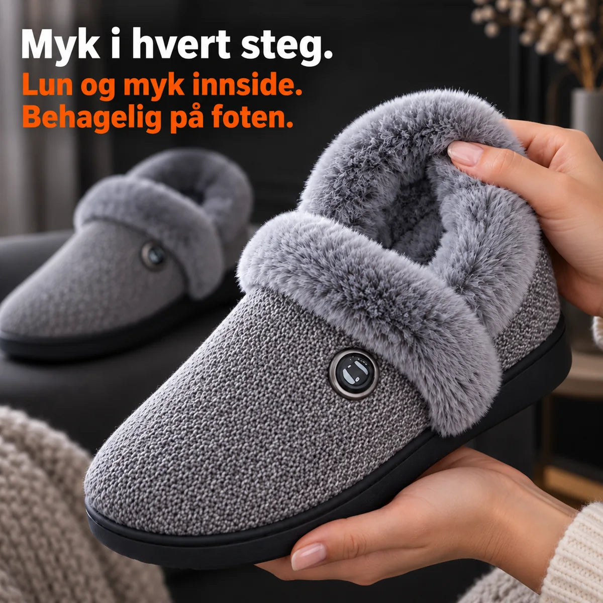 En hånd viser det myke plysjfôret i de oppvarmede tøflene