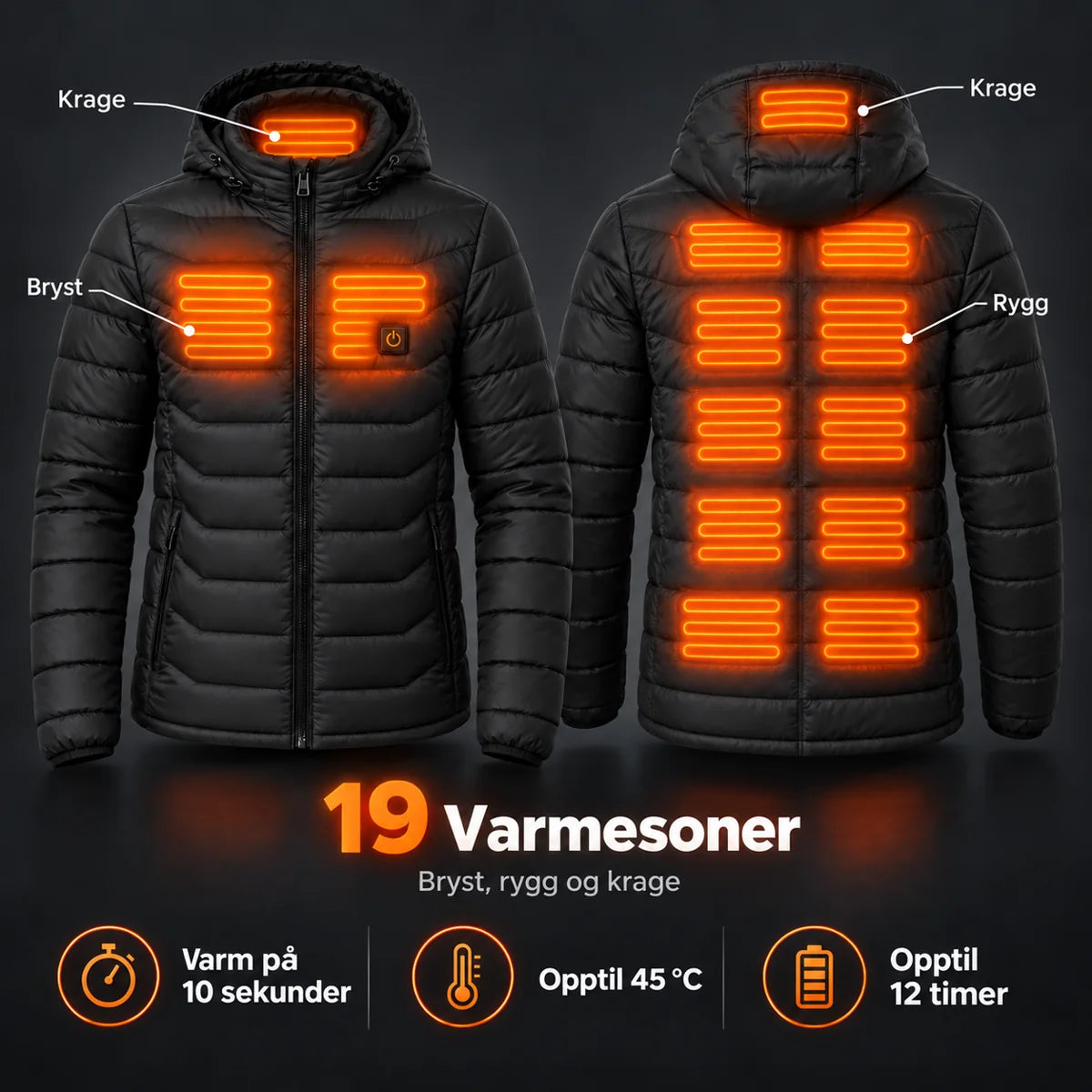 Vattert varmejakke herre PyreFit Rangor: 19 varmesoner på bryst, rygg og krage