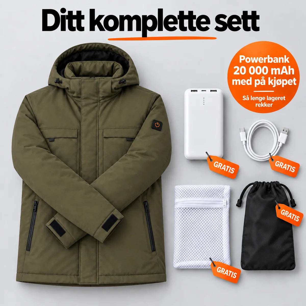 Komplett sett: Regaro, powerbank 20 000 mAh, ladekabel, vaskepose og veske