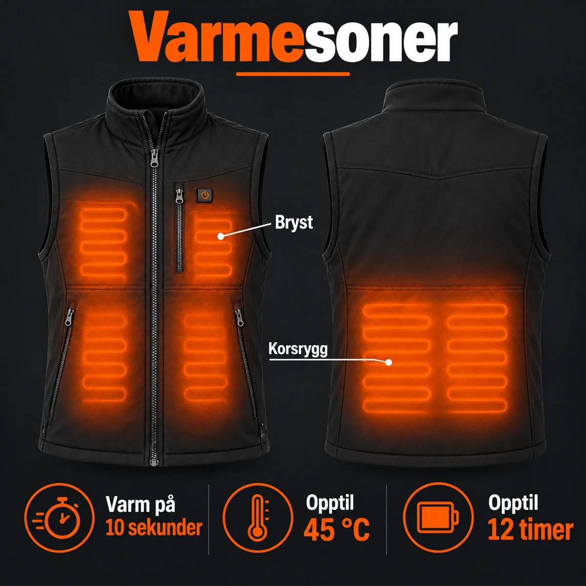 Varmevest for friluftsliv PyreFit Relior: varmesoner fra brystet ned til korsryggen